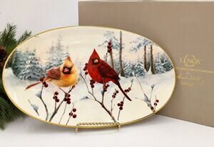 Lenox Winter Greetings Everyday Red Cardinal Oval Serving Platter 13" Fine China